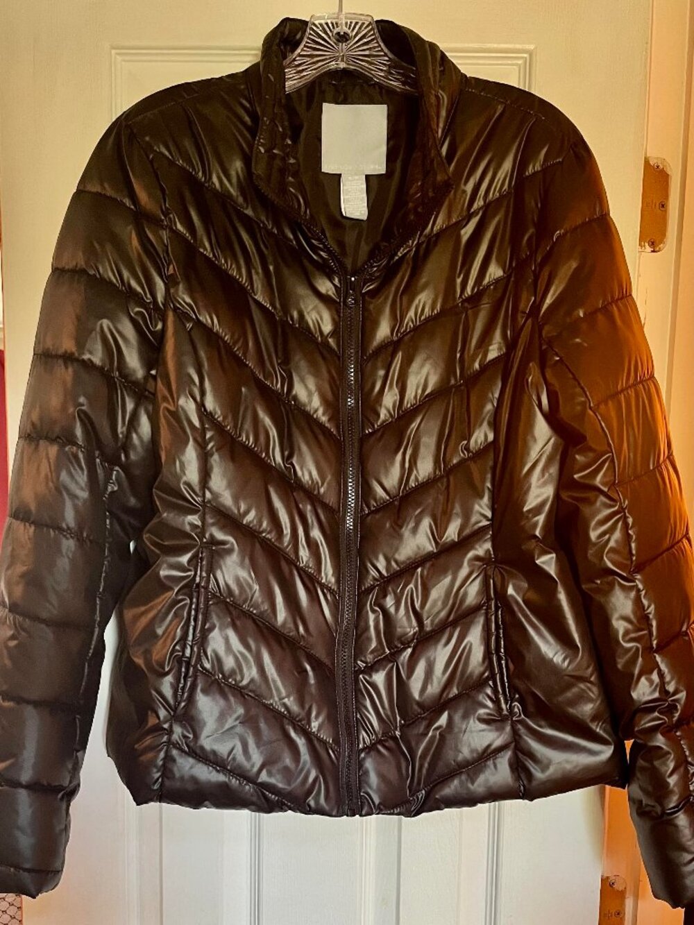 Live Love Dream Black Shiny Polyester Puffer Jacket With Thumbhole Cuffs Size XL
